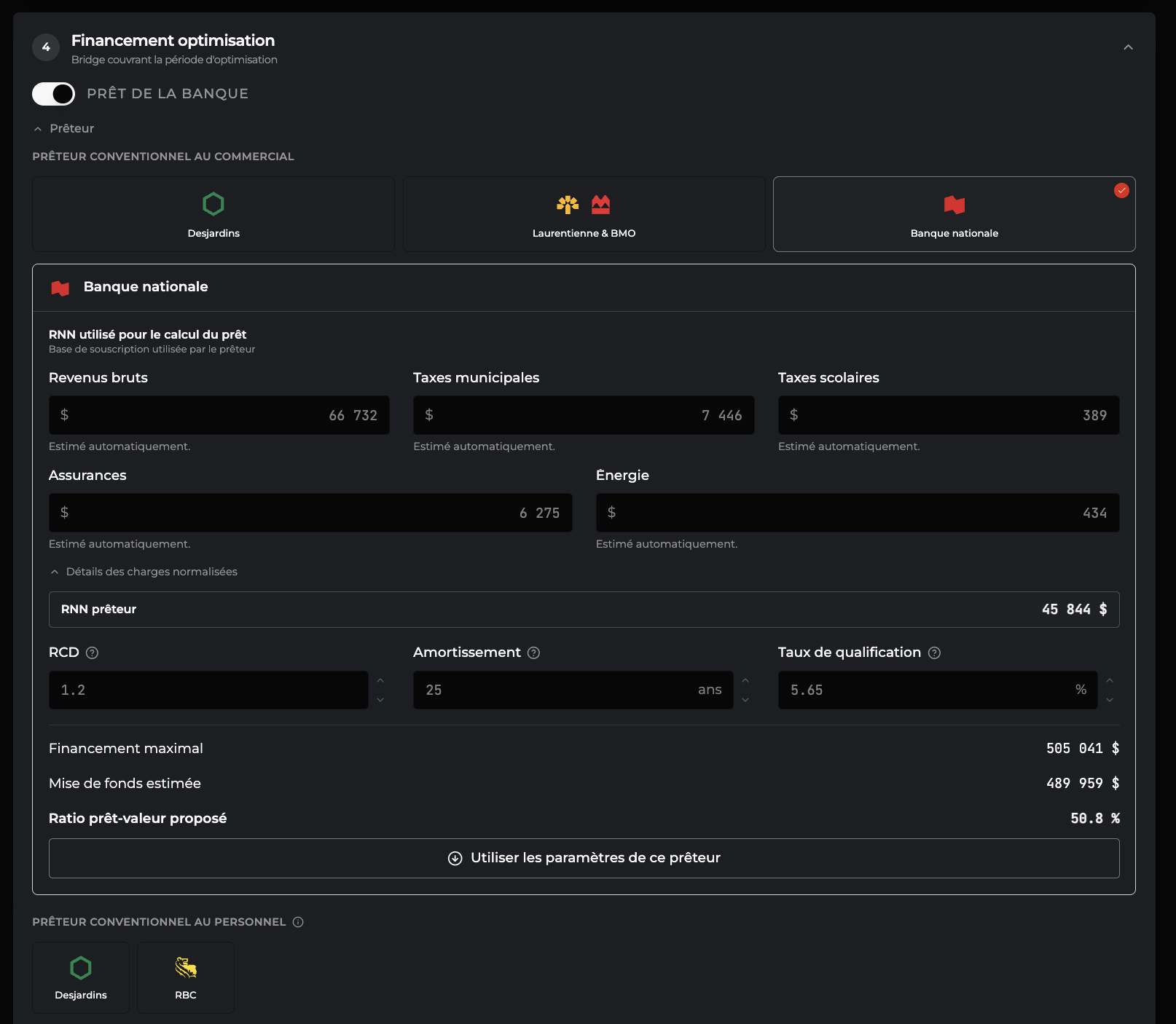 Simulation de financement par prêteur — napkn